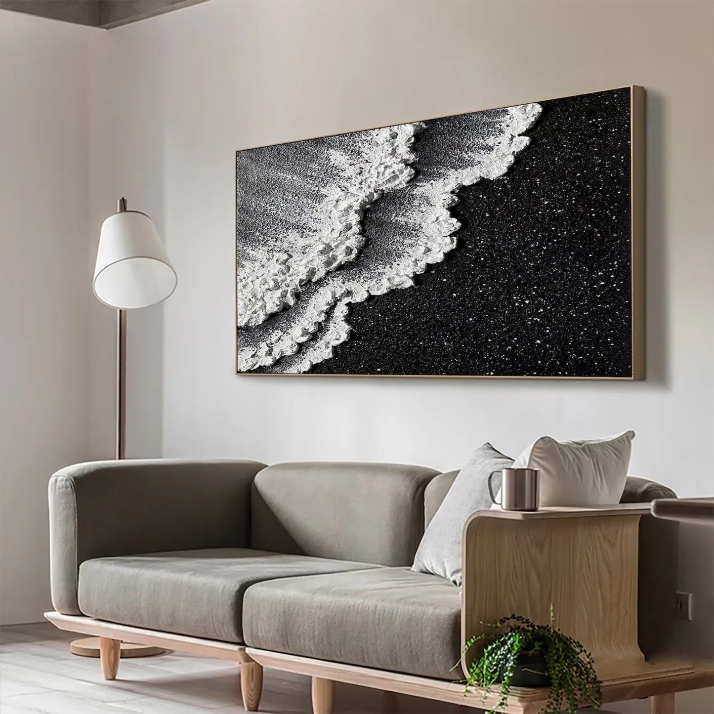 Lunar Shore Wall Art | 46 - 110 in | Textured Plaster Wave Art | Sculptural Coastal Wall Décor | Black & White Seascape | Brick by Brick