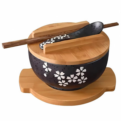 Japanese Handpainted Ramen Bowl Set | 40.5oz | Traditional Ceramic Bowl | Bamboo Lid & Wooden Tray | Brick by Brick