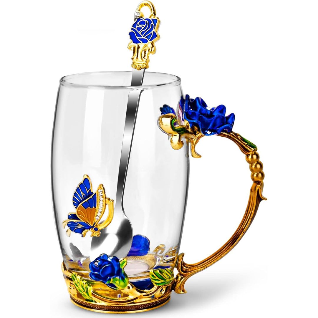 Glass Coffee Enamel Mug | 350ml | 3D Floral Glass Cup with Handle | Elegant Gift for Women | Brick by Brick