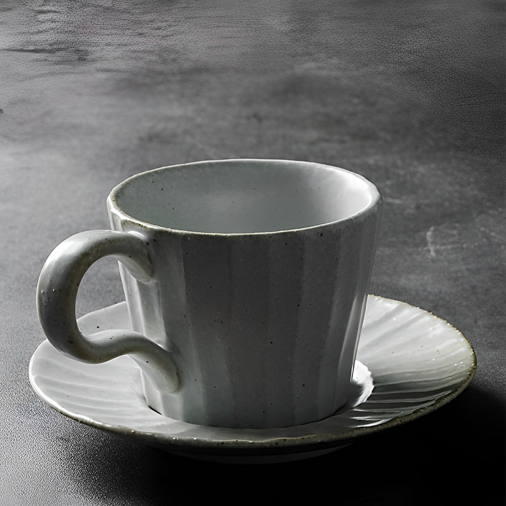 White Stoneware Coffee Mug Set |  3"x3" Cup, 6" Saucer | Ceramic Cup | Splatter Design | Brick by Brick