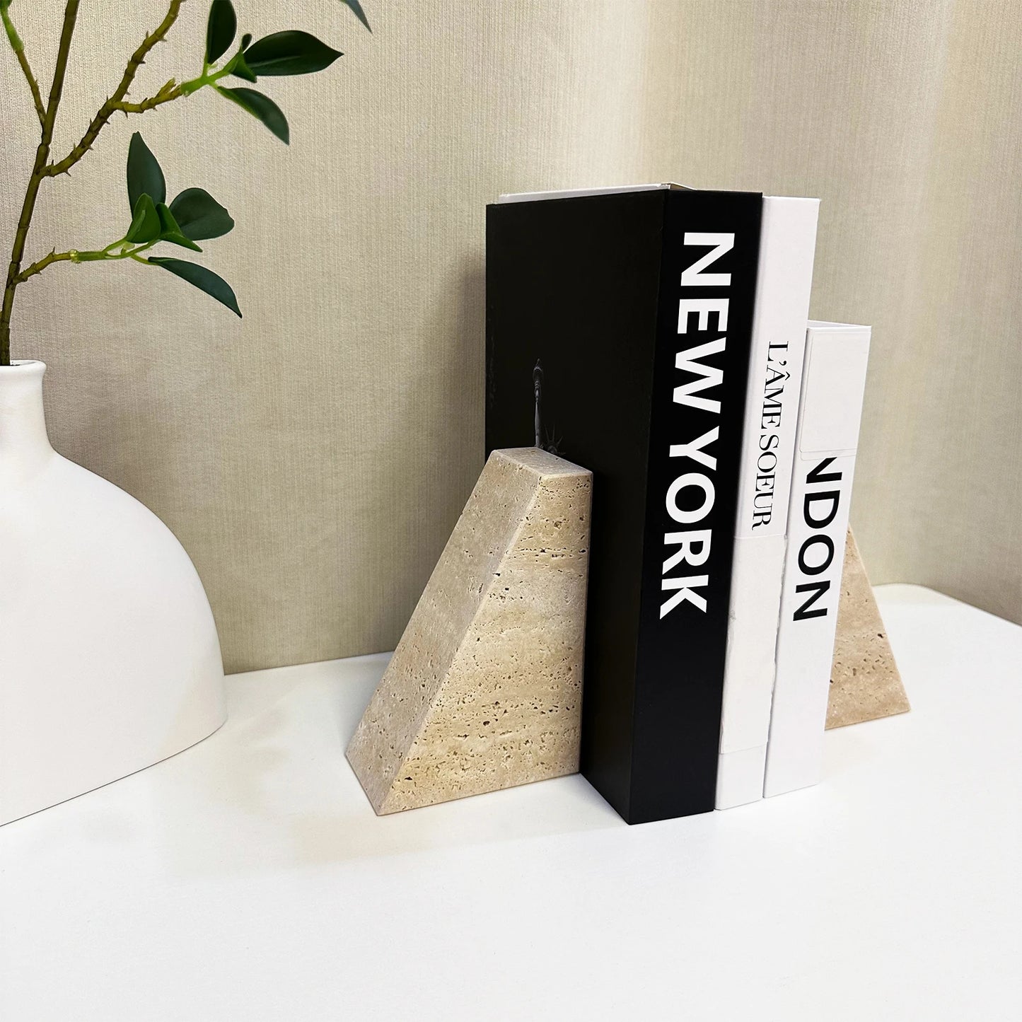 Natural Travertine Bookend | H 5.91 in | Modern Geometric Stone Decor | Minimalist Shelf Accent | Brick by Brick