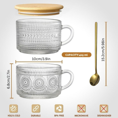 Vintage Glass Coffee Mug Set | 4pcs Embossed Glass Mugs with Bamboo Lids & Spoons | Elegant Drinkware | Brick by Brick