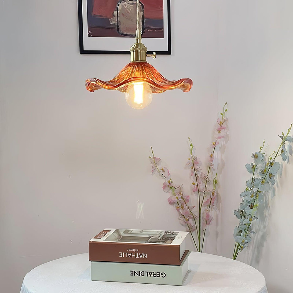 Art Nouveau Fluted Glass Pendant | Flower-Inspired Shade | H4.72in x D9.06-23.62in | Brass & Glass Craftsmanship | Brick by Brick