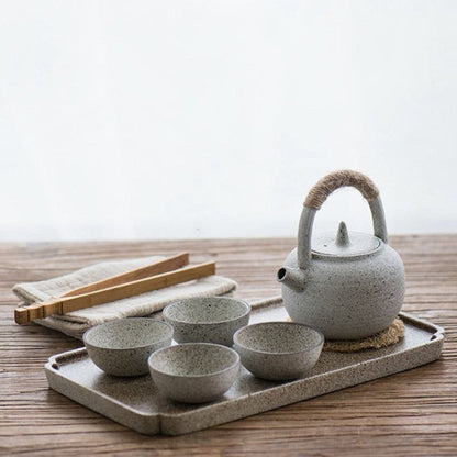 Japanese White Clay Wabi-Sabi Tea Set | Minimalist Frosted Ceramic Teapot with 4 Cups & Tray | Zen-Inspired Gift | Brick by Brick
