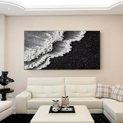 Lunar Shore Wall Art | 46 - 110 in | Textured Plaster Wave Art | Sculptural Coastal Wall Décor | Black & White Seascape | Brick by Brick