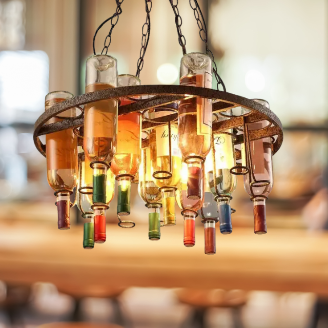Retro Wine Bottle Pendant Lamp | H11.8 - H12.6 in | Vintage Loft Iron Chandelier | Bar Restaurant Cafe Hanging Light | Brick by Brick