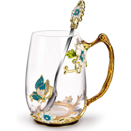 Glass Coffee Enamel Mug | 350ml | 3D Floral Glass Cup with Handle | Elegant Gift for Women | Brick by Brick