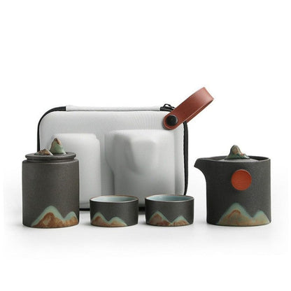 Japanese Mountain Sun Travel Tea Set | Portable Coarse Pottery Teaware | Handmade Glaze Design | Brick by Brick