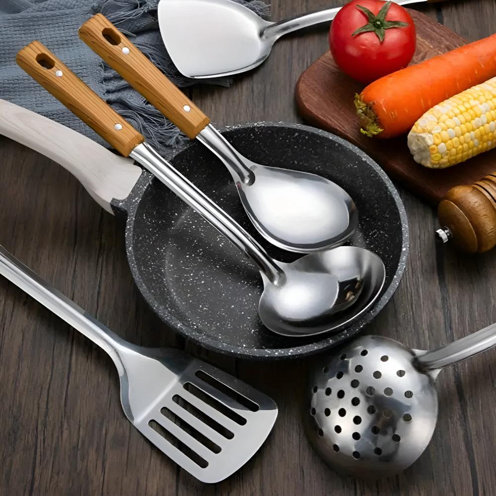 Kitchen Utensil Set | Stainless Steel | Wood Handle | Premium Cooking Tools for Daily Use