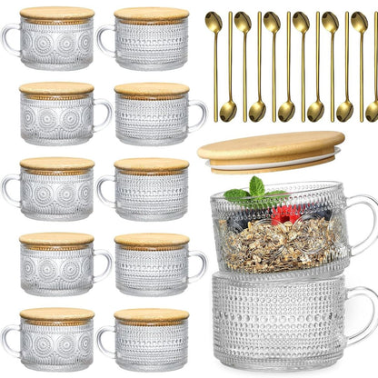 Vintage Glass Coffee Mug Set | 4pcs Embossed Glass Mugs with Bamboo Lids & Spoons | Elegant Drinkware | Brick by Brick