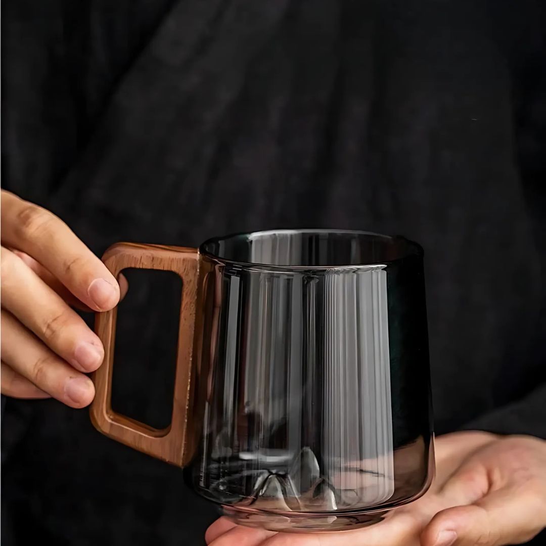 Guanshan Glass Cup | 3.9 in × 3.5 in | Wooden Handle | Smokey Gray | Artistic Mountain Base | Brick by Brick