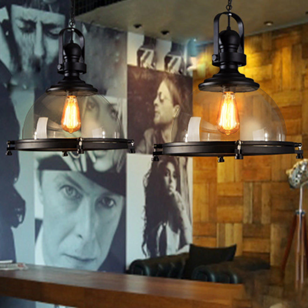 Vintage Hemispherical Glass Pendant Light | 16″ Diameter Glass Shade | Retro Metal & Glass Fixture | Brick by Brick