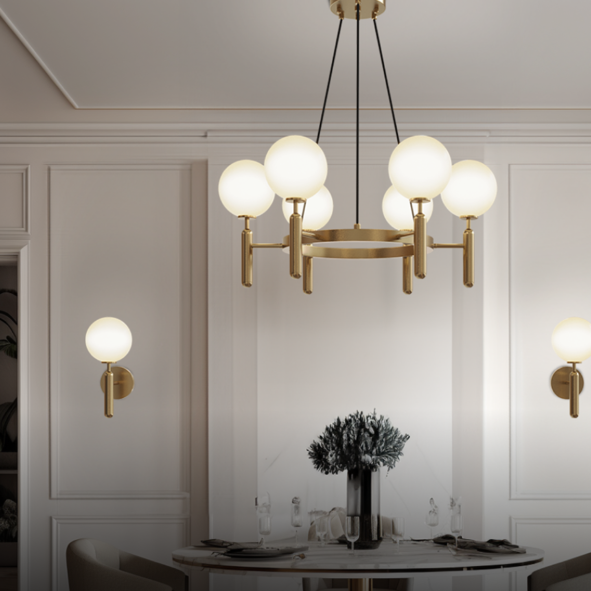 Ball Glass & Metal Pendant Light | Gold & White Finish | 6/8/10-Light Systems | Brick by Brick