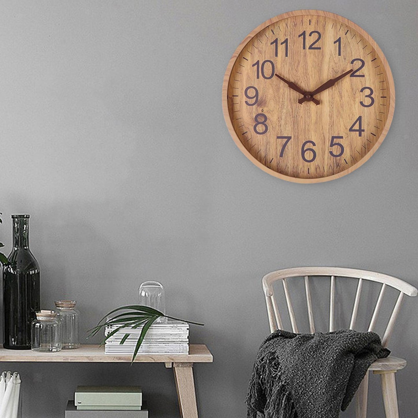 Rustic Wall Clock | 12 in | Natural Wood with Dark Numbers | Silent Quartz Movement | Brick by Brick