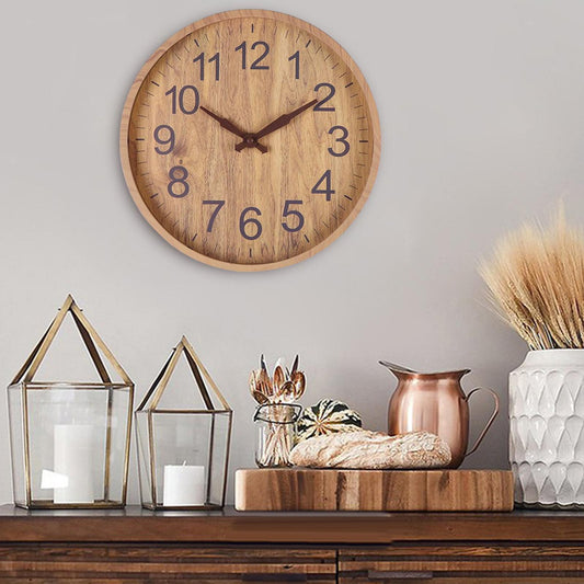 Rustic Wall Clock | 12 in | Natural Wood with Dark Numbers | Silent Quartz Movement | Brick by Brick