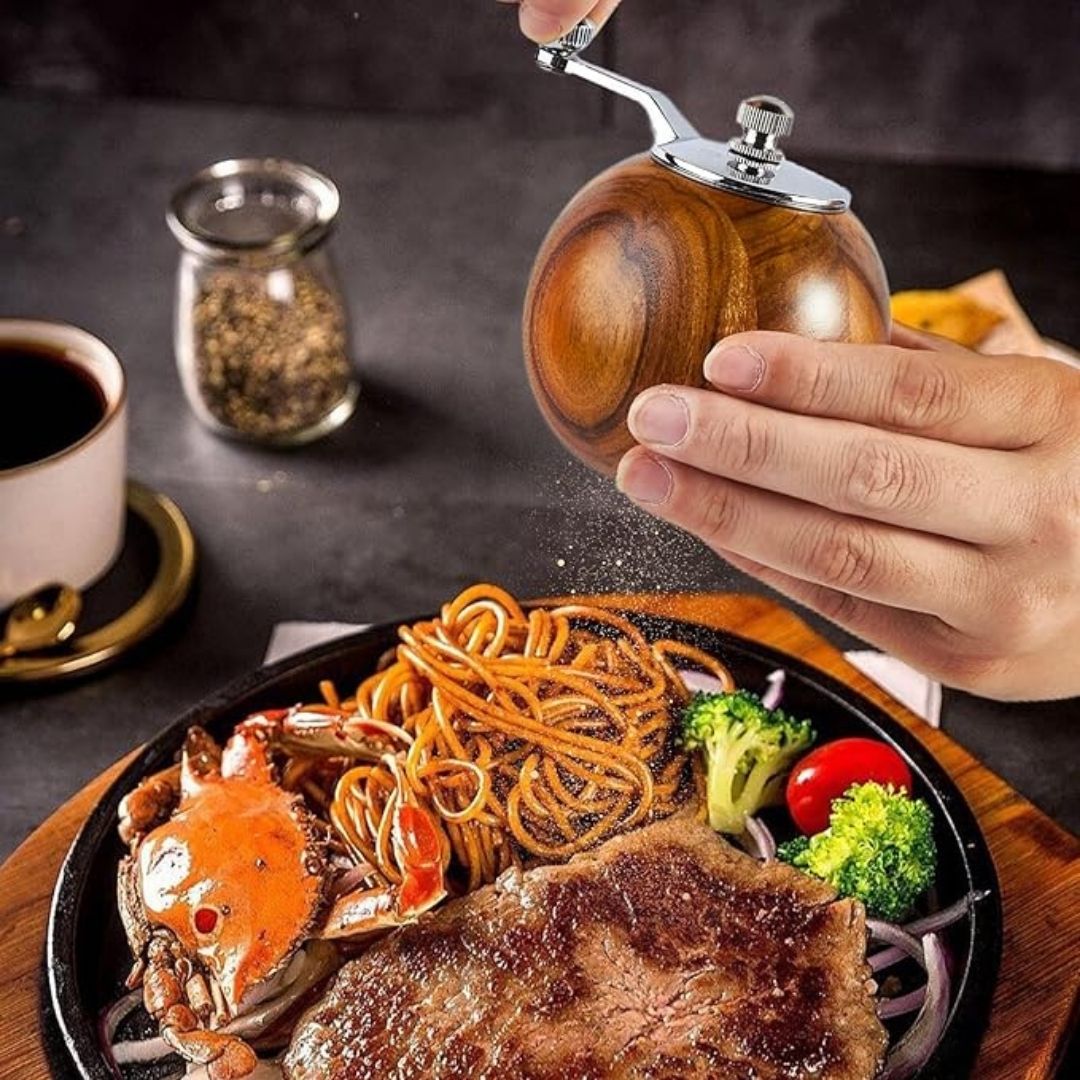 Wooden Salt and Pepper Grinder Set |  2.6 in × 2.2 in  | Adjustable Acacia Mills | With Base Stand | Brick by Brick