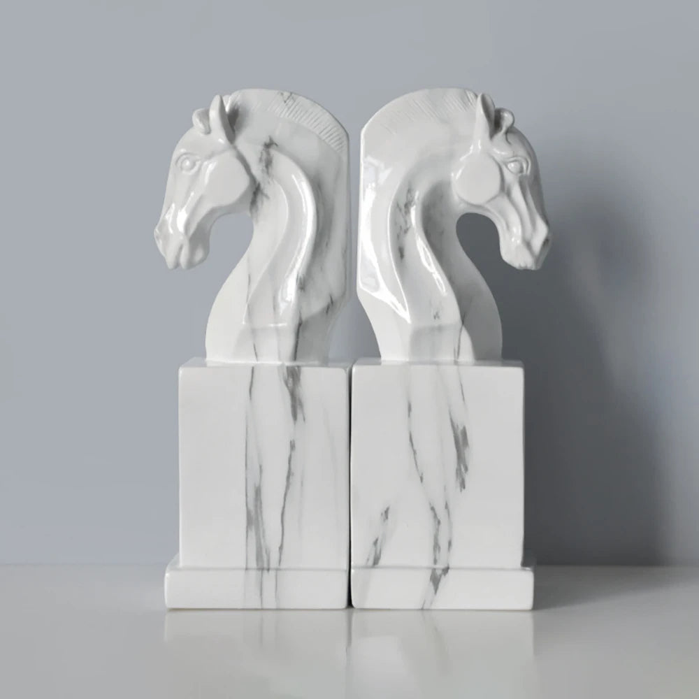 Quality Horse Bookend | H9.65 in | Marble-Like Resin Horse Head Statue | Elegant White Book Stand | Brick by Brick