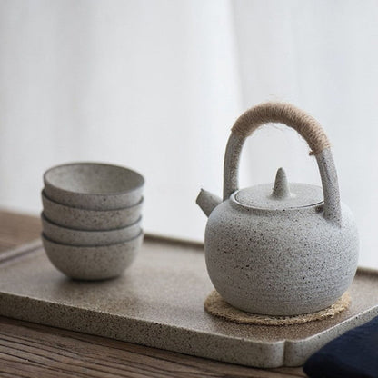Japanese White Clay Wabi-Sabi Tea Set | Minimalist Frosted Ceramic Teapot with 4 Cups & Tray | Zen-Inspired Gift | Brick by Brick