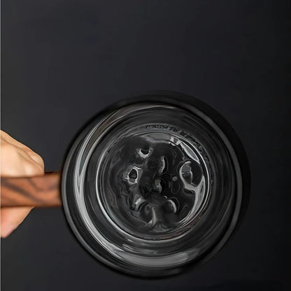 Guanshan Glass Cup | 3.9 in × 3.5 in | Wooden Handle | Smokey Gray | Artistic Mountain Base | Brick by Brick