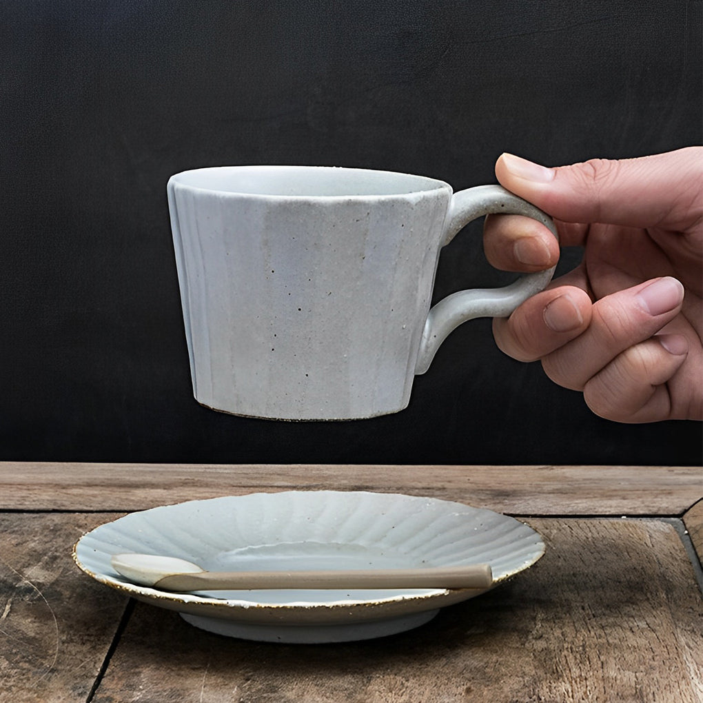 White Stoneware Coffee Mug Set |  3"x3" Cup, 6" Saucer | Ceramic Cup | Splatter Design | Brick by Brick
