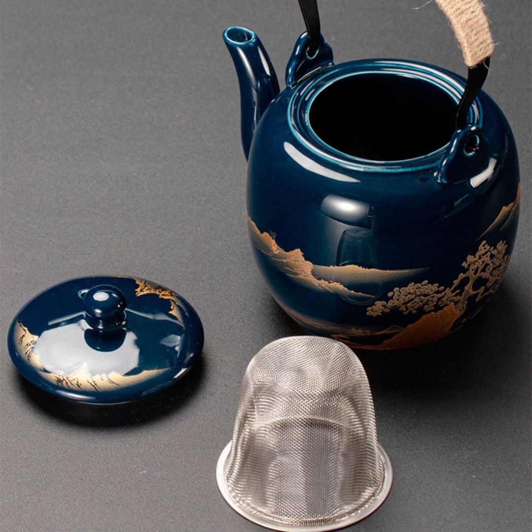 Japanese Blue Landscape Tea Set |6.3 × 4.7 × 5.1 in | Porcelain Teapot | 6 Cups and Tray | Brick by Brick