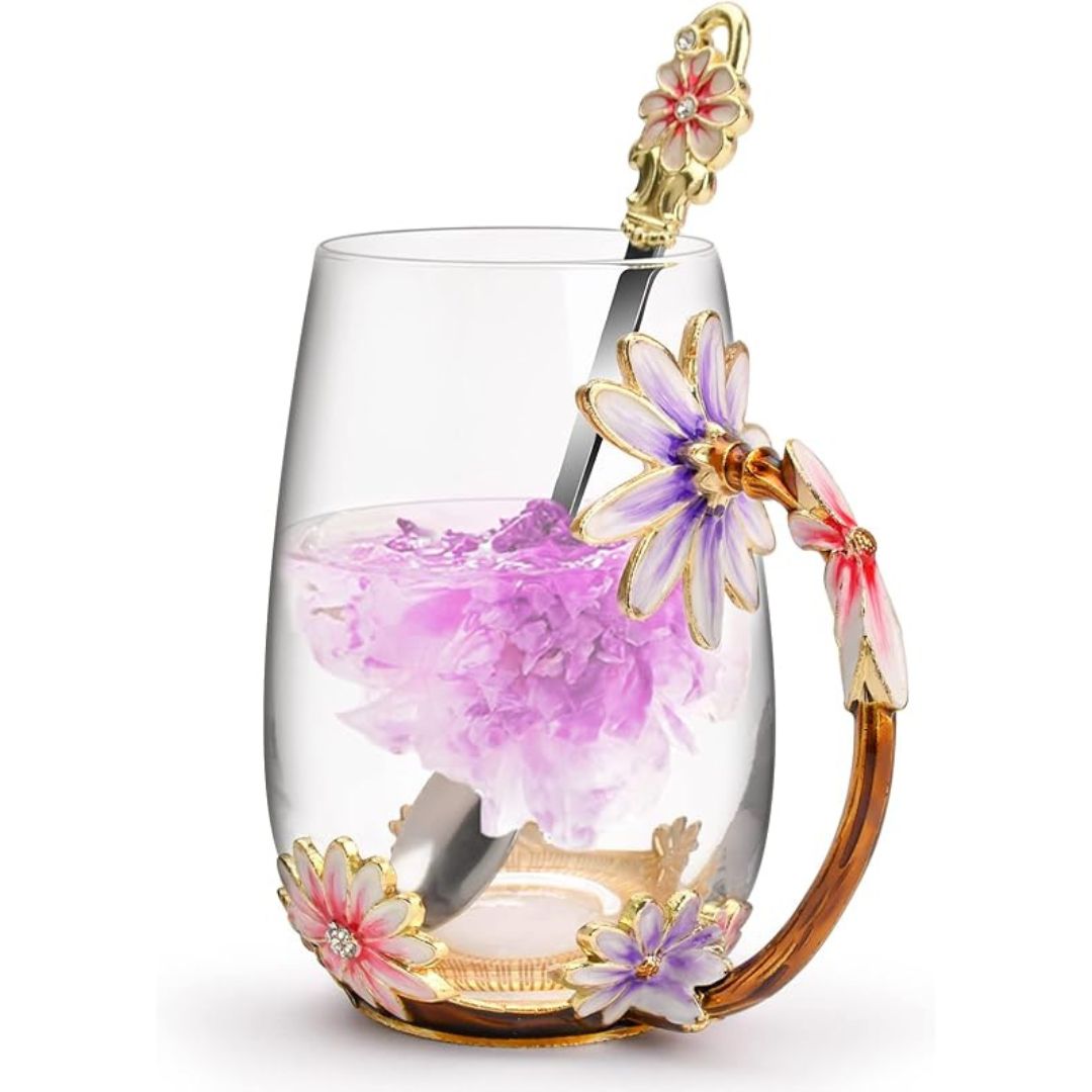 Glass Coffee Enamel Mug | 350ml | 3D Floral Glass Cup with Handle | Elegant Gift for Women | Brick by Brick