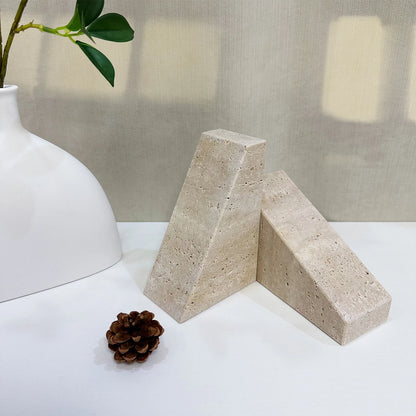 Natural Travertine Bookend | H 5.91 in | Modern Geometric Stone Decor | Minimalist Shelf Accent | Brick by Brick