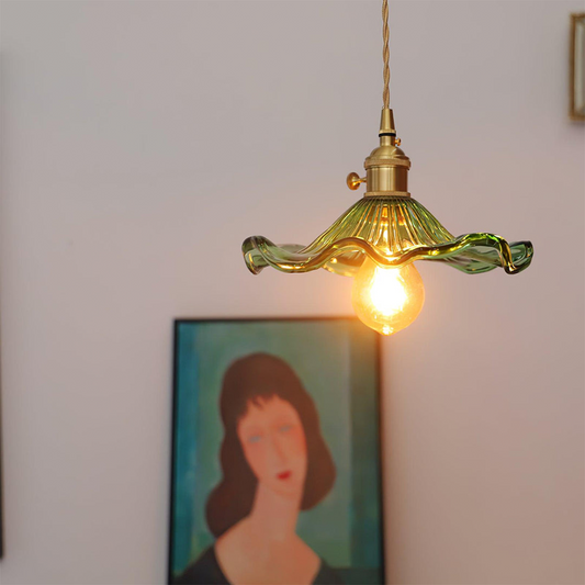 Art Nouveau Fluted Glass Pendant | Flower-Inspired Shade | H4.72in x D9.06-23.62in | Brass & Glass Craftsmanship | Brick by Brick