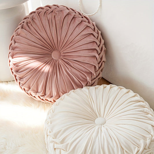 Round Velvet Cushion | 13.7 x 4.7 in | Pleated Velvet Design with Center Button | Decorative Modern Accent | Brick by Brick