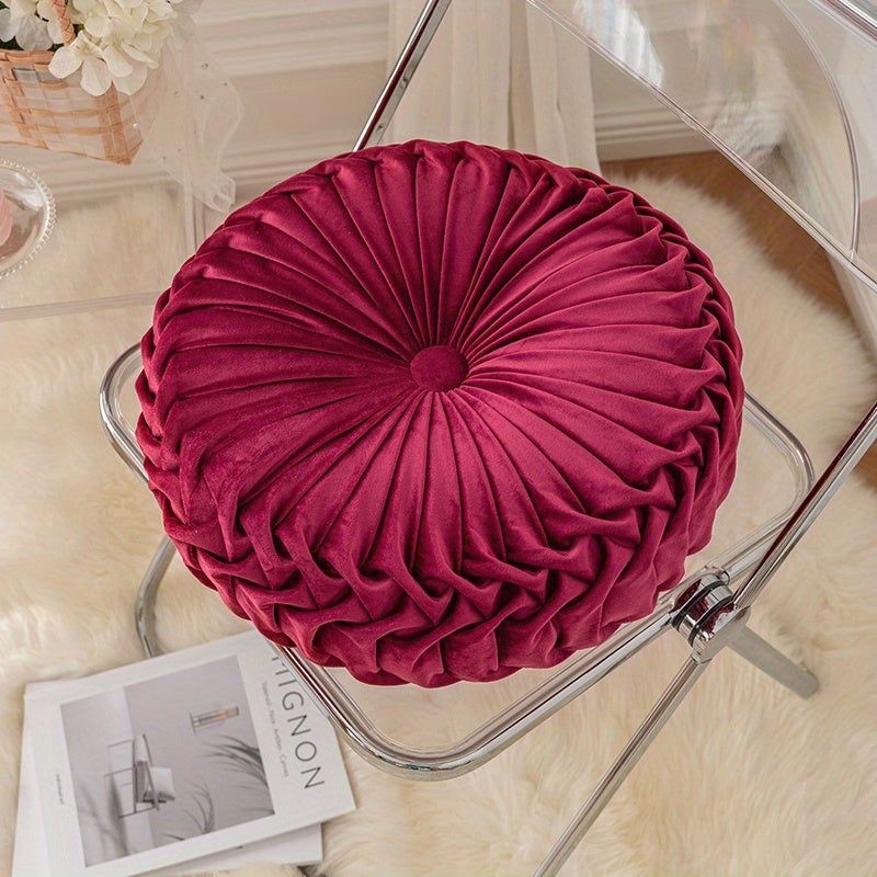 Round Velvet Cushion | 13.7 x 4.7 in | Pleated Velvet Design with Center Button | Decorative Modern Accent | Brick by Brick