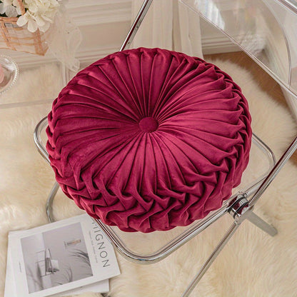 Round Velvet Cushion | 13.7 x 4.7 in | Pleated Velvet Design with Center Button | Decorative Modern Accent | Brick by Brick