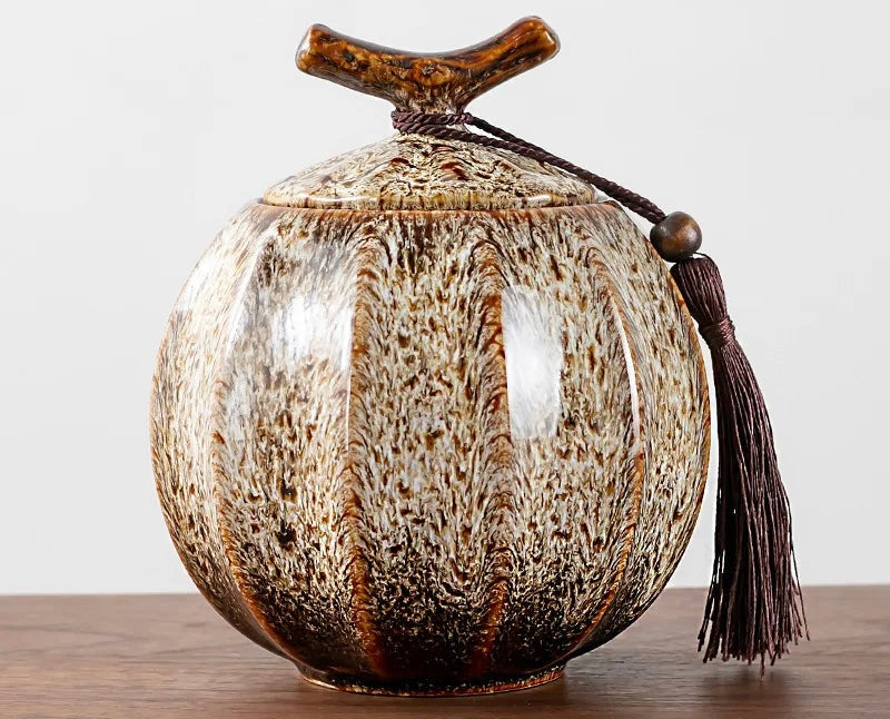 Handcrafted Ceramic Tea Jar | 4.72H x 4.21W | Elegant Chin Design | With Lid & Tassel | Brick by Brick