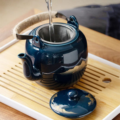 Japanese Blue Landscape Tea Set |6.3 × 4.7 × 5.1 in | Porcelain Teapot | 6 Cups and Tray | Brick by Brick