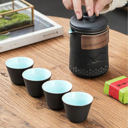 Travel Tea Set | 3.42 x 4.96 in | Ceramic Nested Pot & Cups | Bamboo Handle Design | Brick by Brick