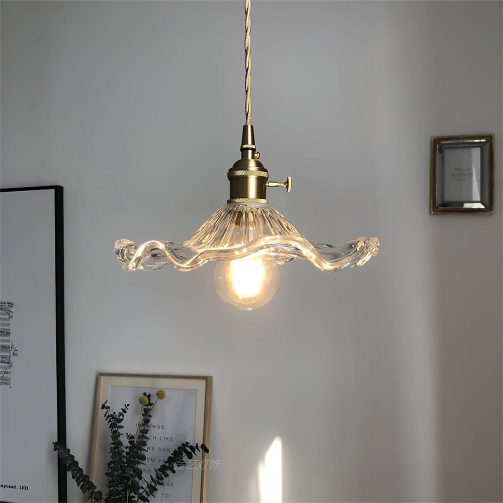 Art Nouveau Fluted Glass Pendant | Flower-Inspired Shade | H4.72in x D9.06-23.62in | Brass & Glass Craftsmanship | Brick by Brick