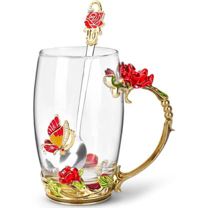 Glass Coffee Enamel Mug | 350ml | 3D Floral Glass Cup with Handle | Elegant Gift for Women | Brick by Brick