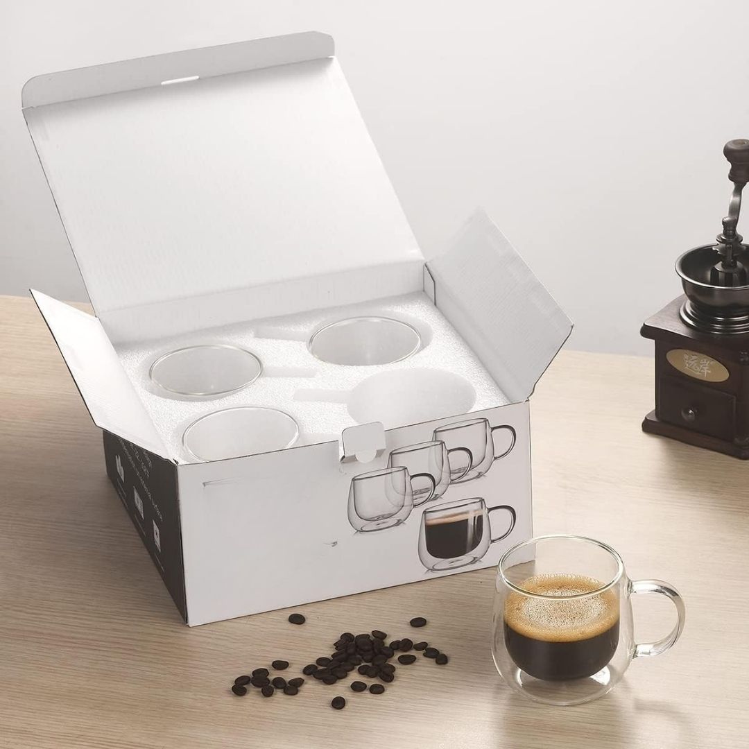 Double Wall Glass Coffee Mugs | 3.5 x 3.3 x 1.4 in | Heat Insulated | Clear Borosilicate Cups | Brick by Brick