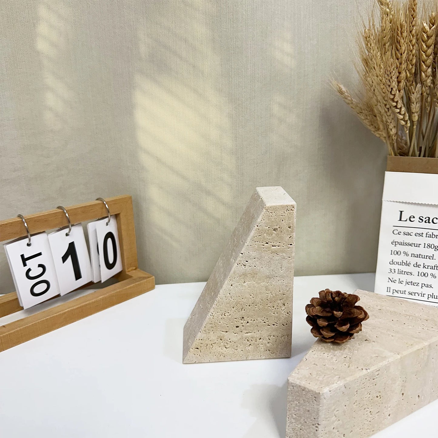 Natural Travertine Bookend | H 5.91 in | Modern Geometric Stone Decor | Minimalist Shelf Accent | Brick by Brick