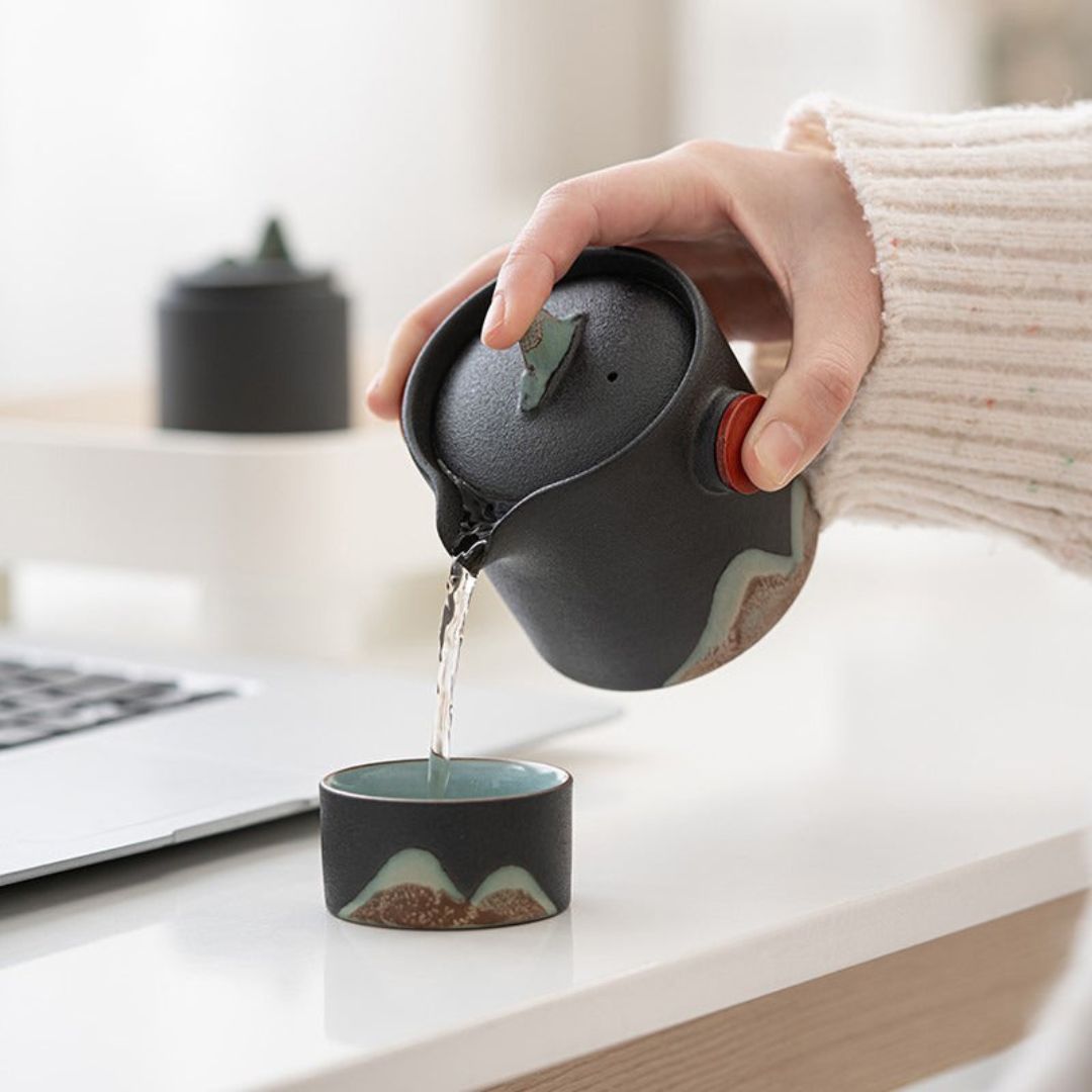 Japanese Mountain Sun Travel Tea Set | Portable Coarse Pottery Teaware | Handmade Glaze Design | Brick by Brick