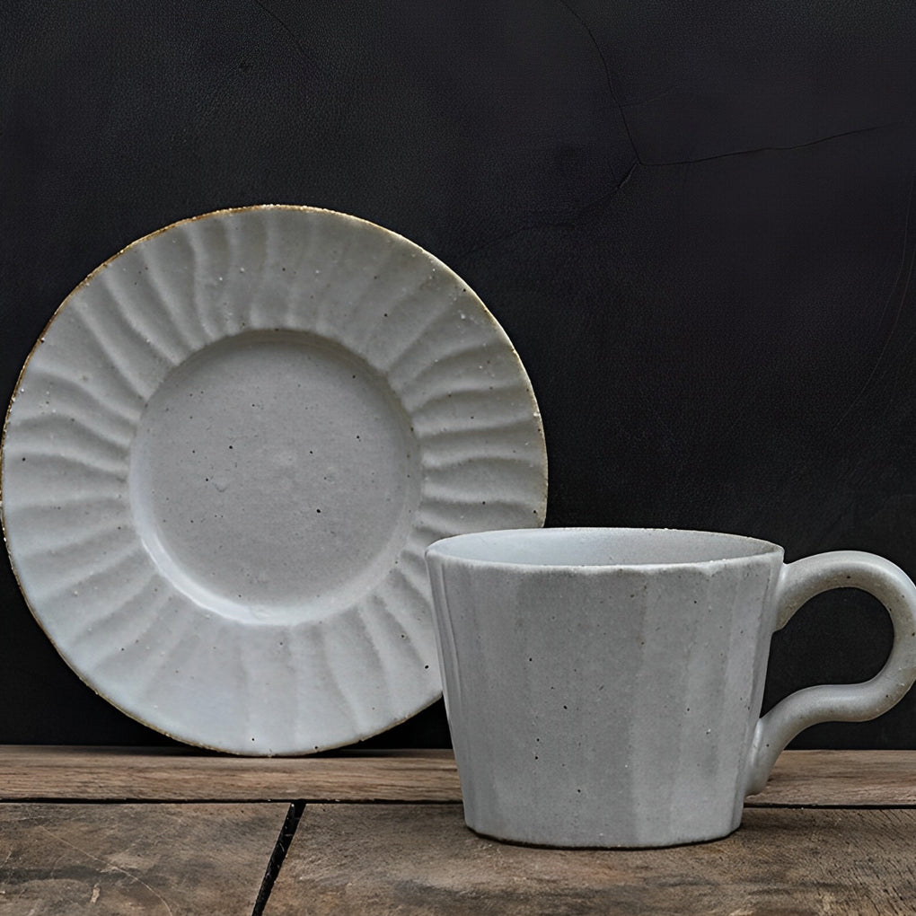 White Stoneware Coffee Mug Set |  3"x3" Cup, 6" Saucer | Ceramic Cup | Splatter Design | Brick by Brick
