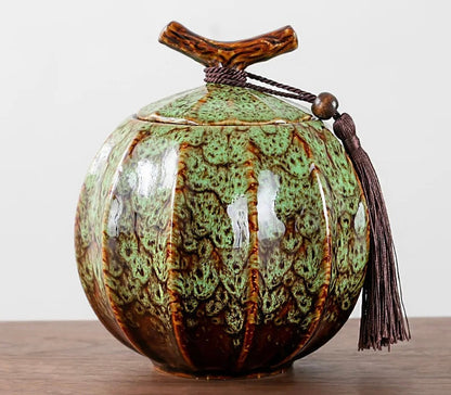 Handcrafted Ceramic Tea Jar | 4.72H x 4.21W | Elegant Chin Design | With Lid & Tassel | Brick by Brick