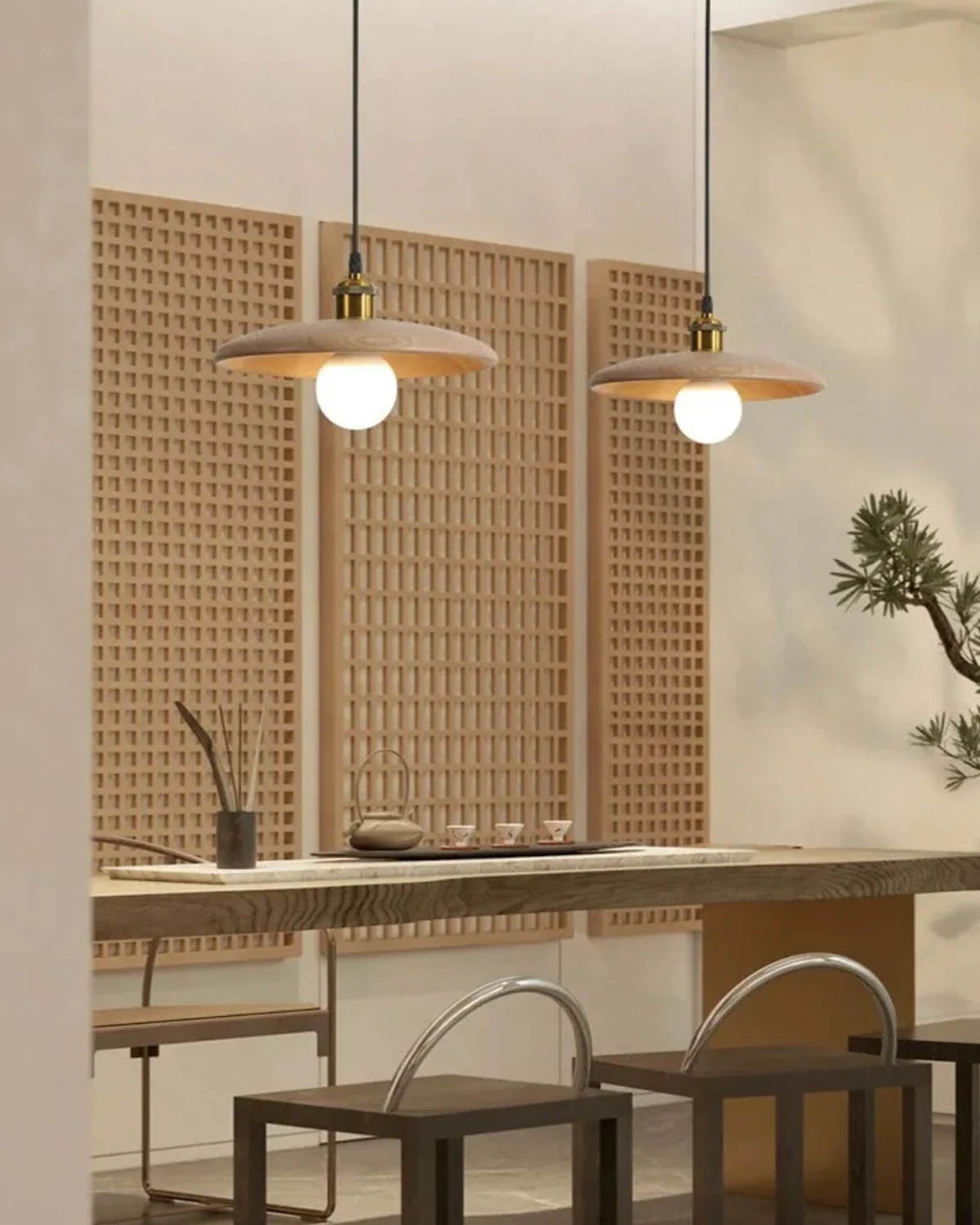 Ceiling Pendant Light | Slim Wood Shade | Japandi Zen | Minimalist Design