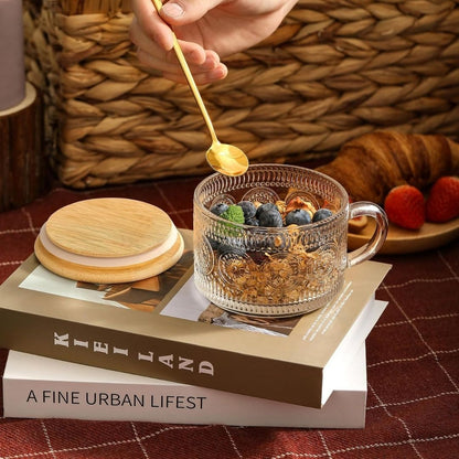 Vintage Glass Coffee Mug Set | 4pcs Embossed Glass Mugs with Bamboo Lids & Spoons | Elegant Drinkware | Brick by Brick