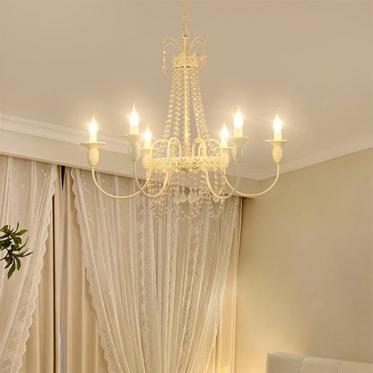 Vintage White Metal & Glass Chandelier | Crystal Tassel Ceiling Light, 4/6/8 Lamp | Brick by Brick