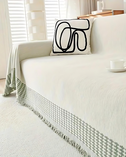 Sofa Blanket Cover | Chenille | Modern Boho Leaf Design | Breathable & Washable Furniture Protector with Fringe | Brick by Brick