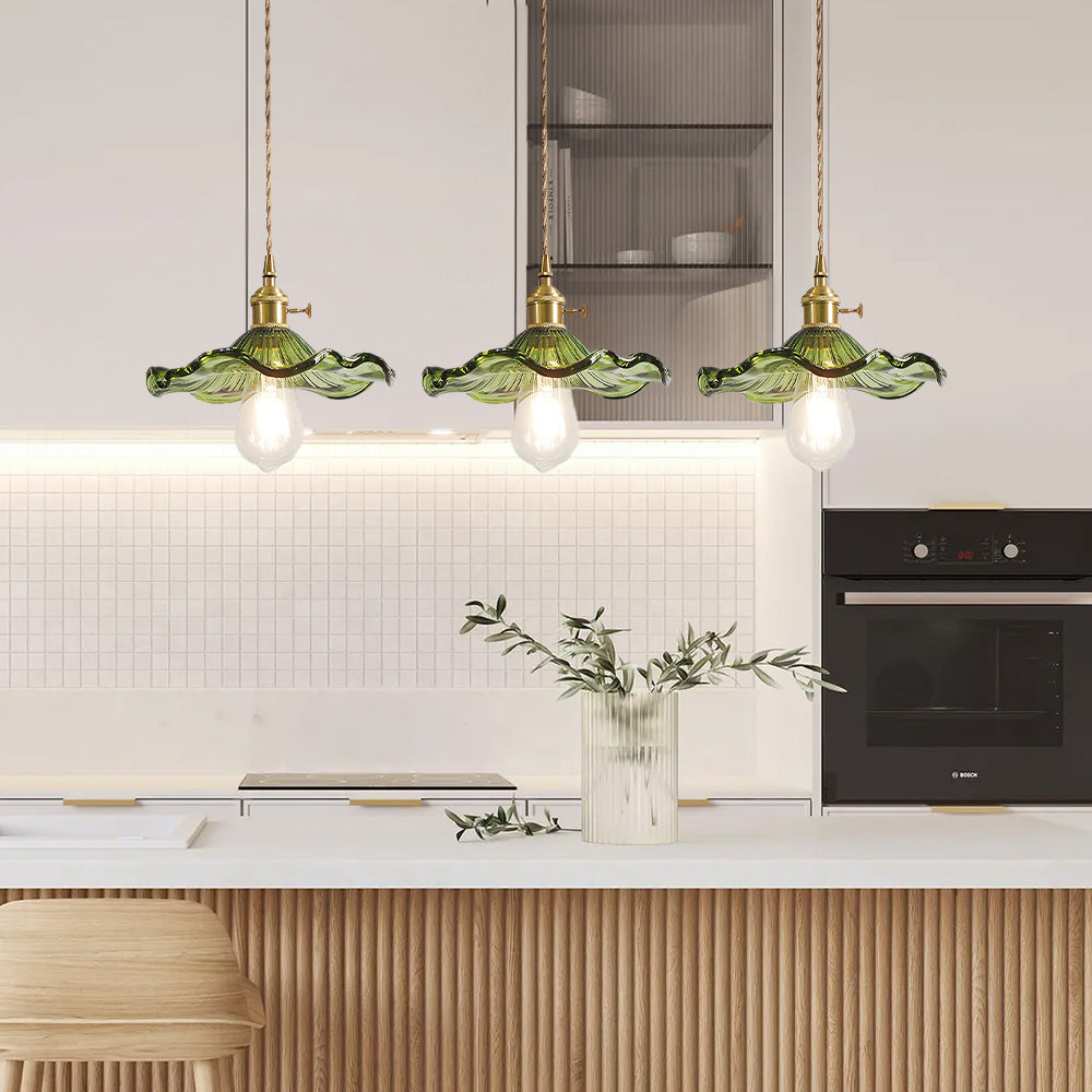 Art Nouveau Fluted Glass Pendant | Flower-Inspired Shade | H4.72in x D9.06-23.62in | Brass & Glass Craftsmanship | Brick by Brick