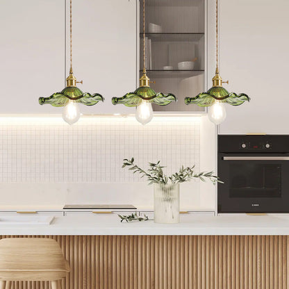 Art Nouveau Fluted Glass Pendant | Flower-Inspired Shade | H4.72in x D9.06-23.62in | Brass & Glass Craftsmanship | Brick by Brick