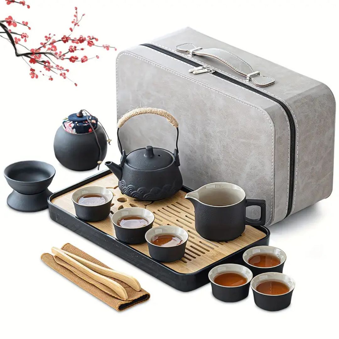 14-Piece Portable Travel Tea Set | Compact Ceramic Brewing Kit | Bamboo Tray | Brick by Brick
