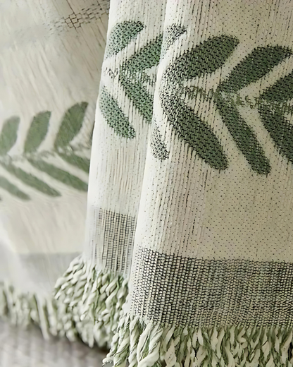 Sofa Blanket Cover | Chenille | Modern Boho Leaf Design | Breathable & Washable Furniture Protector with Fringe | Brick by Brick