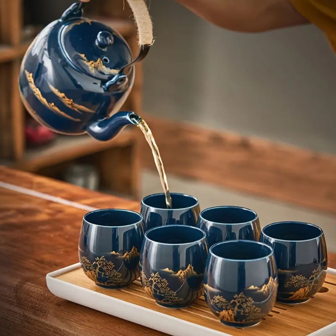 Japanese Blue Landscape Tea Set |6.3 × 4.7 × 5.1 in | Porcelain Teapot | 6 Cups and Tray | Brick by Brick